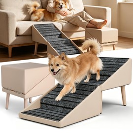 Dog Ramp Ottoman 2-in-1 Foldable Wooden Pet Stairs for Couch and High Bed, Ottoman Dog Ramp with Anti-Slip Carpet Surface and Adjustable Legs for Small Medium Dogs, Puppy, Senior Pets, Beige