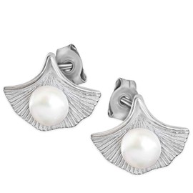 CLEVER SCHMUCK Silver Pair of Ginkgo Leaf Stud Earrings 11 mm Pearl White 5 mm 925 Sterling Silver for Women in Jewellery Case White, Sterling Silver, Pearl