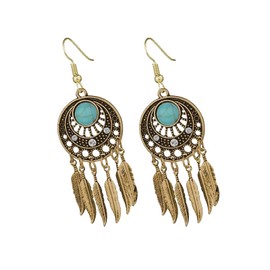 Vintage Boho Earrings for Women Metal Feather Tassel Earrings Turquoise Dream Catcher Earrings Retro Bohemian Jewelry for Women