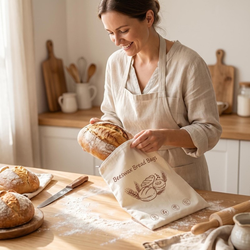 Beeswax-Lined Bread Bags, Reusable for Homemade & Sourdough Bread, Large