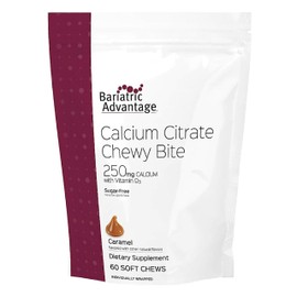 Bariatric Advantage Calcium Citrate Chewy Bites 250mg with Vitamin D3 for Bariatric Surgery Patients Including Gastric Bypass and Sleeve Gastrectomy, Sugar Free - Caramel Flavor, 60 Count