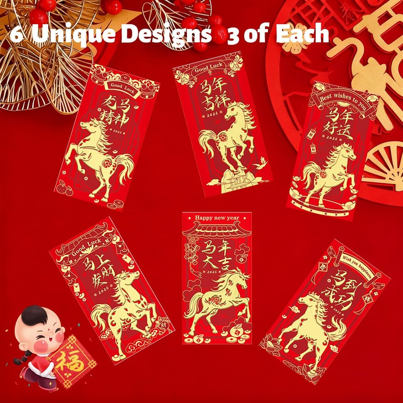 Chinese New Year Red Envelopes 2026, 18Pcs Year of the