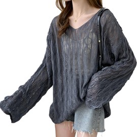 Vmiutyer LLOP Women's Summer Knit, Mesh Pullover, Openwork Knitting, V-Neck, 3 Colors, Long Sleeve, Loose, Large Size, Sheer, Cooling Protection, UV Protection, Sunscreen, Layered Wear, Spring,