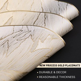 FAVE 8PCS Round Placemats Feather Pressed Vinyl Placemats Set of 8 Slip Resistant Table Mats Wipeable Gold Placemat for Table Decor Holiday Wedding Accent(Golden Feather, 8PCS)