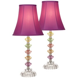 Bohemian Traditional Chic Style Accent Table Lamps 21" High Set of 2 Multi Colored Stacked Glass Deep Pink Bell Shade Decor for Kids Girls Room Bedroom Bedside House Nightstand - 360 Lighting