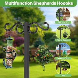 KRZKRZ Heavy Duty Garden Hose Holder for Outside - Dual Side Hooks & Shepherd Hook - Freestanding Water Hose Holder - Holds Bird Feeders/Lights/Plants - Sturdy Hose Reel for Outside