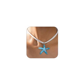 OAOSIOH Bohemian Large Starfish Pendant Necklace For Women Trendy, Cute Boho Big Starfish White Rope Choker Necklaces Dainty Holiday Beach Party Jewelry Gift (Blue)