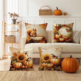 Fall Pillow Covers 20x20 Set of 4 Linen Vintage Floral Pillow Covers Pumpkin Decorative for Couch Bed Farmhouse Home Decorations Squirrel Orange Pillow Cover