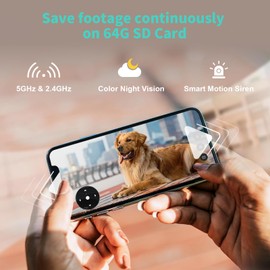 Alaga Indoor Security Camera, 3K, 360° Pan and Tilt, AI Pet Detection, Night Vision, Speaker, Works with Alexa and Google Assistant, 5G and 2.4G WiFi, Black, with 64G TF Card