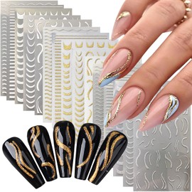 Vezocim French Line Nail Art Stickers Decals, 15 Sheets Holographic 3D Nail Self-Adhesive Sticker Designs, Gold Silver White Glitter Wavy Line Nail Transfer Decal for Women Manicure Bling Decorations