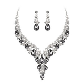 BriLove Women's Wedding Bridal Austrian Crystal Teardrop Flower Leaf Vine Cluster Statement Necklace Dangle Earrings Jewelry Set Grey Silver-Tone