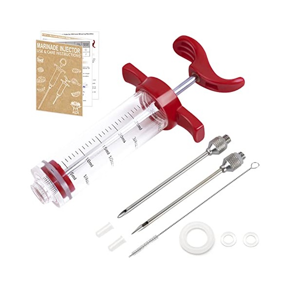 YoHold Meat Injector, Plastic Marinade Turkey Injector Syringe with Screw-on Meat Needle for Smoker BBQ Grill, 1-oz, Red, Recipe E-Book (Download PDF)