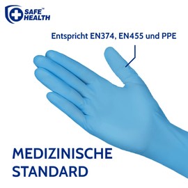 Safe Health Einweghandschuhe Größe L Blau, 100 stück, Medical Nitrilhandschuhe Hypoallergen Nitril Pulverfrei Latexfrei, Lebensmittel Handschuhe Medizinische Einmalhandschuhe 3,5 ml (100, Blau, L)
