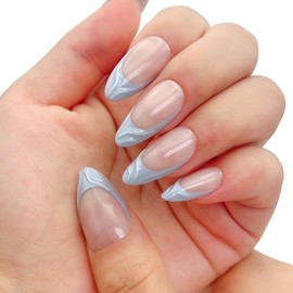 Press On Nails Light Blue 3D Water Ripple Fake Nails French Almond Nail Art Gel Nail Pads 12 Sizes - 24 Pcs Gel False Nail Set