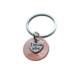 I Love You Heart Charm Layered Over 2023 US One Cent Penny Keychain; 1 Year Anniversary, Couples Keychain