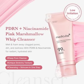 MEDICUBE PDRN Pink Niacinamide Whip Cleanser, Limpiador Facial Coreano en Espuma con PDRN de Salmón 99% Puro, Niacinamida, Ácido Hialurónico y Ceramidas, 120 g
