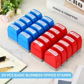 20 Pcs Self Inking Rubber Stamp Set Pre Inked Office Stamp Copy Paid Ink Stamps Business Stamps Message Account Stamp File Paper Work Text Ink Stampers with Plastic Tray, Red and Blue Ink