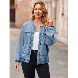 Glamaker Womens Zip Up Jean Jacket Casual Crew Neck Relaxed Fit Jean Jacket With Pockets Fall Outfits (Denim Blue XL)