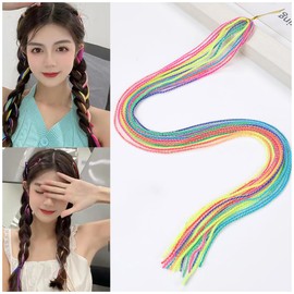 48PCS Hair Wrap Strings,2MM Braids Assorted Rainbow Braiding Hair Tie,Party Highlights Glitter Hair Thread,Gradient Color Hair Rope Band,DIY Ponytail Braids Hair Styling Accessories-Dark Color