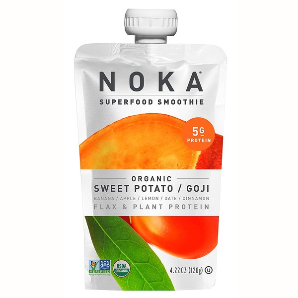 NOKA Superfood Pouches | 100% Organic Fruit And Veggie Smoothie Squeeze Packs | Non GMO, Gluten Free, Vegan, 5g Plant Protein | 4.2oz Each (Sweet Potato Goji, Pack of 12)