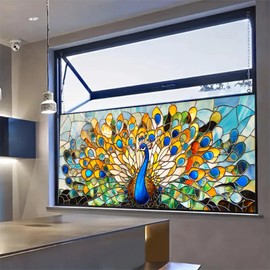 HOMETITUTE Peacock Stained Glass Window Film Decorative 39.3x17.7 Inch Privacy Window Film for Bathroom Living Room Static Cling Window Sticker Non Adhesive Colorful Glass Art Panel