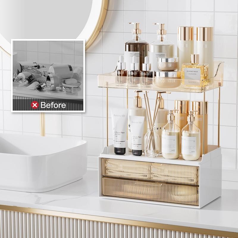 DELAMU 2-Tier 2-Drawer Countertop Organizer, Ideal for storing cosmetics, skincare,