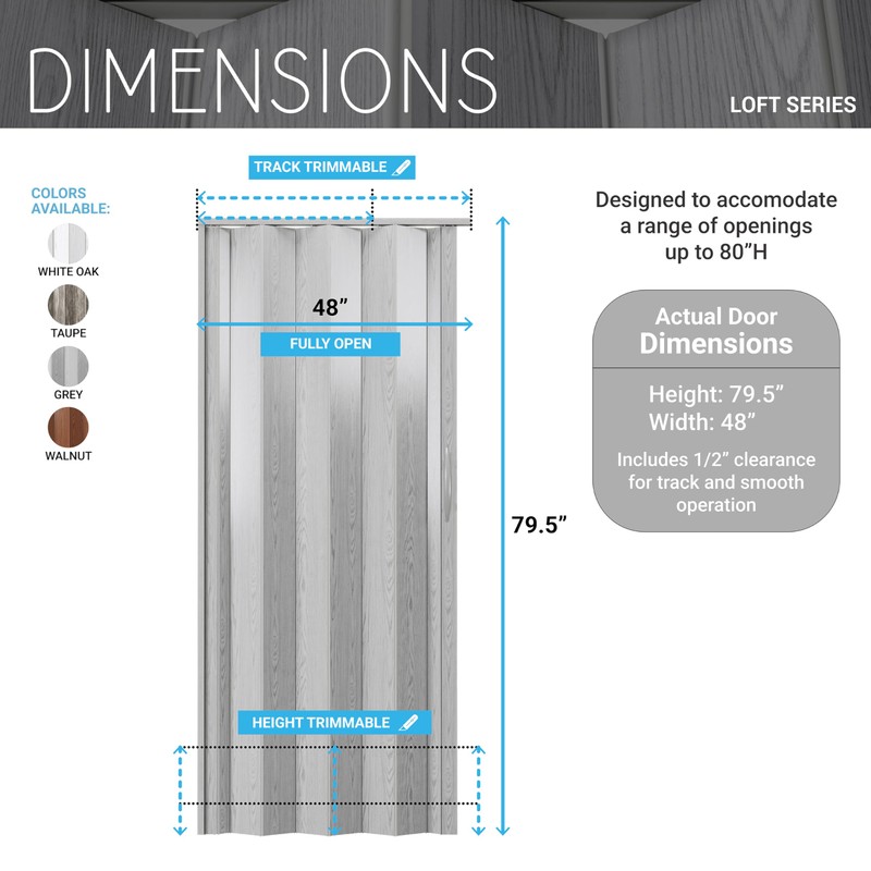 48" W Premium Foldable Accordion Doors, Double Walled Heavy Duty