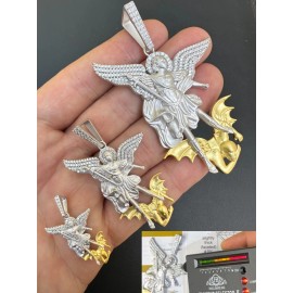 Hip Hop MOISSANITE St Michael Slaying Dragon Pendant 925 Silver & 14k Gold Necklace Iced - Small (1.25")