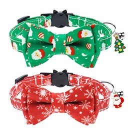 Peclot 2 Pack Christmas Cat Collar Breakaway with Bow Tie and Bell, Adjustable Pet Collars with Santa and Xmas Tree, Cute Santa Snowflake Print Collars with Removable Bowtie for Kitty Kitten Cats Pets
