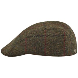 Sterkowski Norte Flat Cap Harris Tweed Peaked Cap for Men and Women Warm Hand Stitched Racket Hat with Ear Flaps, Khaki/Red Check Pattern