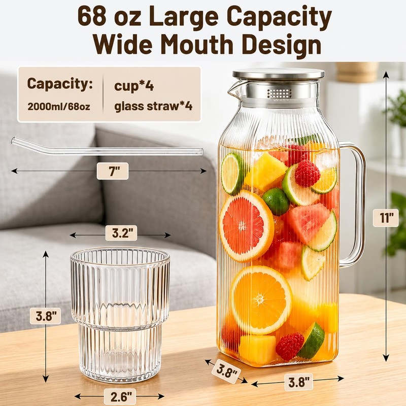 Glass Pitcher with Lid and 4 Glass Cups Set, 68
