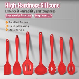 Silicone Cooking Utensils Set, E-far 7-Piece Red Heat Resistant Kitchen Utensils Set, Kitchen Nonstick Tools Spatula Ladle Spoon Pasta Server for Non-stick Cookware, Non-Toxic & Dishwasher safe