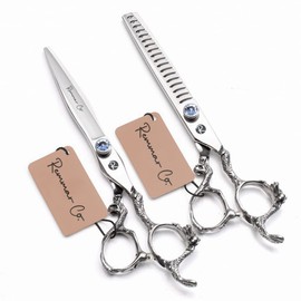 Tijeras de Peluqueria, Tijeras para Cortar Cabello Profesional, Set 2 Tijeras Barbero o Estilista con Estuche 7 pulgadas 17.8cm. Acero Japonés 440C. Mango Dragon 27D