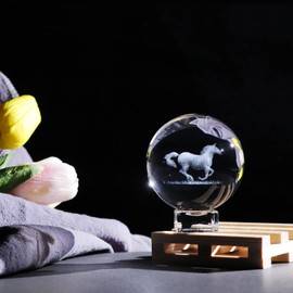 2.36 in./6cm 3D Etched Horse Crystal Ball Ornament for Home, Collectible Figurine Decor with Stand, Glass Crafts Horse Gifts for Women on Birthday Christmas