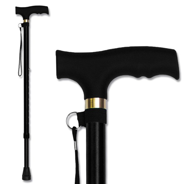 RMS Walking Cane - Adjustable Walking Stick - Lightweight Aluminum Offset Cane with Ergonomic Handle and Wrist Strap - Ideal Daily Living Aid for Limited Mobility (Black)