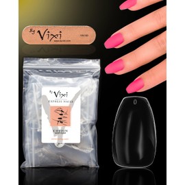 By Vixi 500 SHORT COFFIN/BALLERINA NAIL SET with PREP FILE, 10 Sizes – Clear Express Full Cover False Fingernail Extensions for Salon Professionals & Home Use