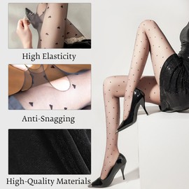 Jieaissna Heart Pattern Sheer Black Pantyhose for Women, 15 Denier Ultra-Thin Pantyhose, High-Waist Anti-Snag Design Stretchy Pantyhose