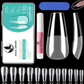 MAGIC ARMOR Pack of 120 Half Matte Short Coffin False Nails Tips Clear Acrylic Nails for Ballerina Nails Tips Press On Nails, Full Cover Artificial Nails with Nail Glue for DIY Nail Art, 12 Sizes