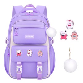IHCEMIH School Backpack, Girls Cute Bags for Primary Secondary School Multi Pocket Casual Plain Daypacks Childrens Travel Rucksack Elementary Book Bag Pack with Keychain Badges for Kids Teen Purple