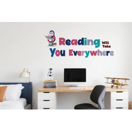 Reading Will Take You Everywhere Motivational Quotes Wall Decals, Reading Theme Penguin Decor Inspirational Saying Vinyl Removable Wall Stickers for Classroom School Kid’s Room Library