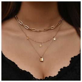 Allereya Boho Layered Padlock Star Choker Necklace Gold Lock Pendant Necklace Tiny Star Dangle Necklace Punk Chunky Paper Clip Chain Necklace Jewellery for Women and Girls