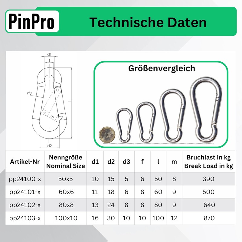 PinPro A4 Stainless Steel Carabiner, 50 x 5 mm, Pack