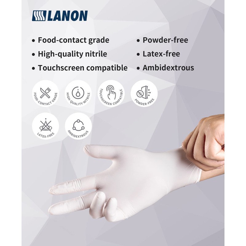 LANON Food Safe Disposable White Nitrile Gloves, Latex-Free, Powder-Free, Textured