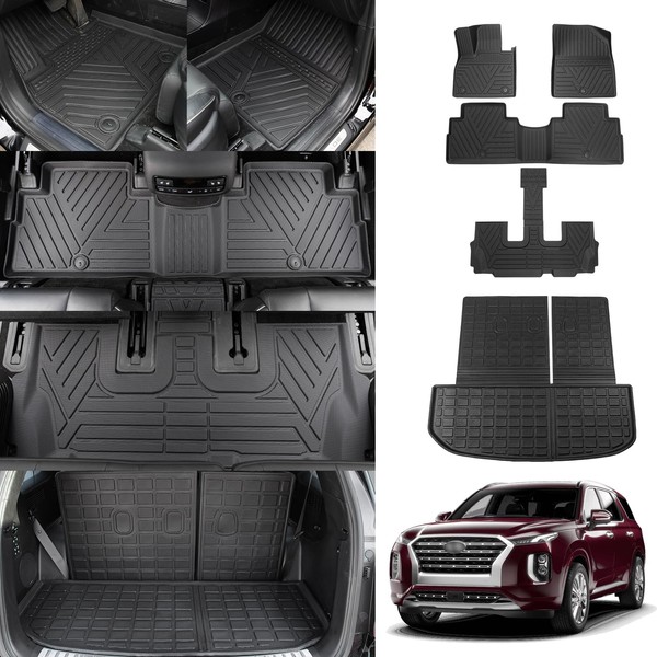 Thinzyou Floor Mats Compatible with 2020-2024 Hyundai Palisade Trunk Mat Cargo Liner TPE Back Seat Cover Protector 2023 Palisade 7 & 8 Seats Accessories (Trunk Mat with Backrest Mats+Floor Mats)
