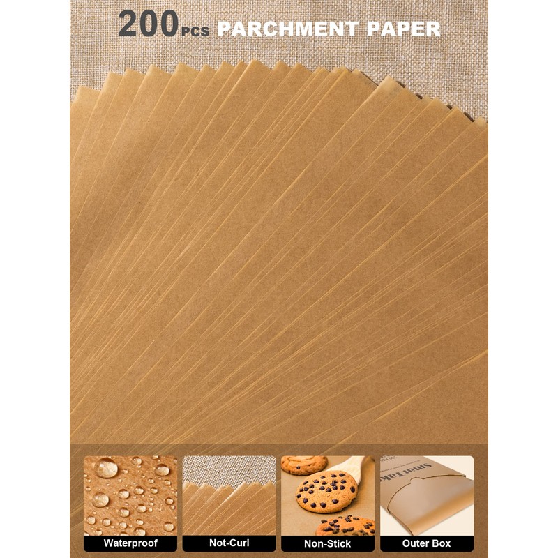 SMARTAKE 200 Pcs Parchment Paper Baking Sheets, 12x16 Inches Non-Stick
