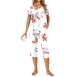 POPYOUNG Womens Pajama Sets Summer Ladies Pjs 2 Piece Loungewear Capri with Comfy and Pockets Sleepwear XL, Floral White