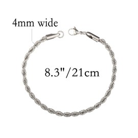 yipima Stainless Steel Rope Link Chain Bracelet for Women Men, Silver Tone / 14K gold Plated 3/4/5/6mm wide Rope Chain Bracelets, 7.5" or 8.3" (stainless steel-4mm, 8.3)