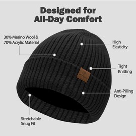 Oversized XL XXL Unisex Merino Wool Beanie with Fleece Lining Cold Weather Winter Hat Big Head Black