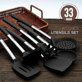 Juego de utensilios de cocina - Utensilios de cocina de silicona - Juego de 32 piezas de utensilios de cocina de silicona antiadherentes con esptulas 