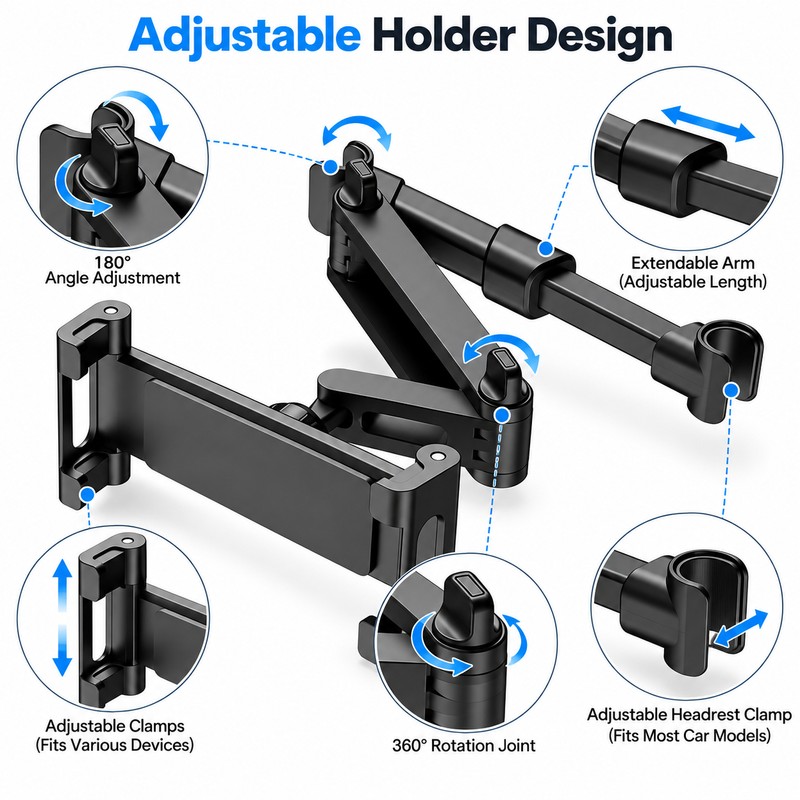 Car Headrest Tablet Holder Mount – Adjustable Back Seat Phone